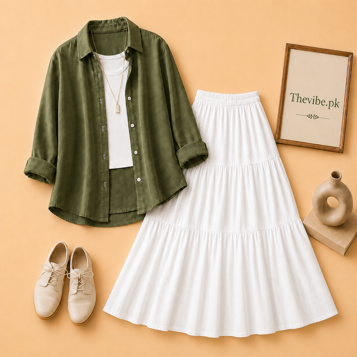 OLIVE GREEN BUTTON DOWN SHIRT WITH WHITE TANK TOP AND 3TIER WHITE TWILL SKIRT