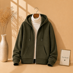 OLIVE GREEN ZIPPER HOODIE WITH WHITE HIGH NECK