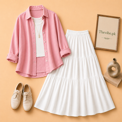 PINK BUTTON DOWN SHIRT WITH WHITE TANK TOP AND 3TIER WHITE TWILL SKIRT