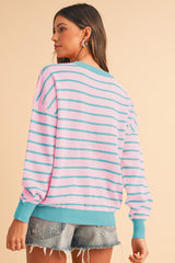 Pink Stripe Round Neck Drop Shoulder Loose Sweater
