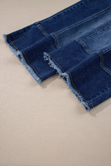 Prussian Blue Drawstring Seam Detail Raw Hem Wide Leg Jeans