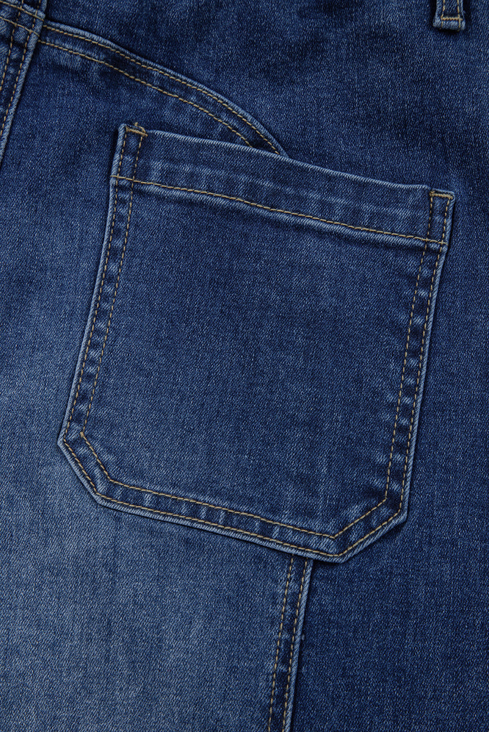 Prussian Blue Drawstring Seam Detail Raw Hem Wide Leg Jeans