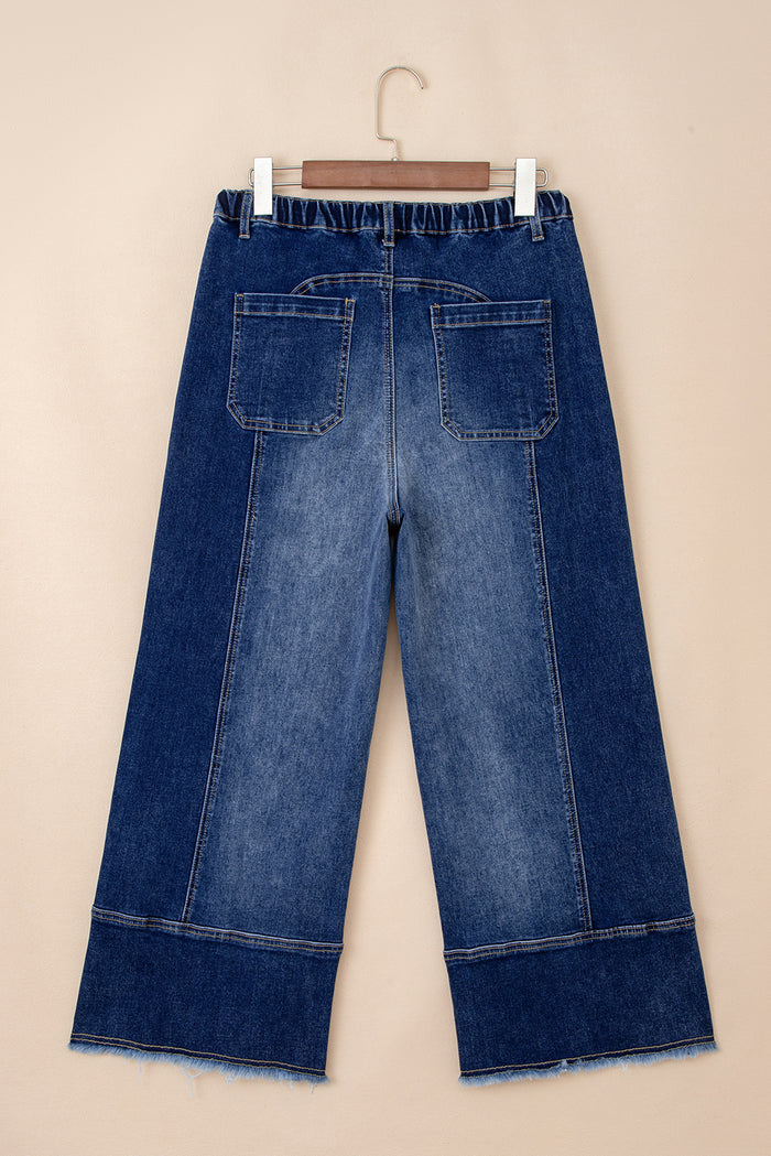 Prussian Blue Drawstring Seam Detail Raw Hem Wide Leg Jeans