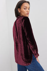Red Frilled Buttoned V Neck Velvet Blouse