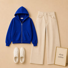 ROYAL BLUE ZIP HOODIE WITH BEIGE WIDE LEG JEANS
