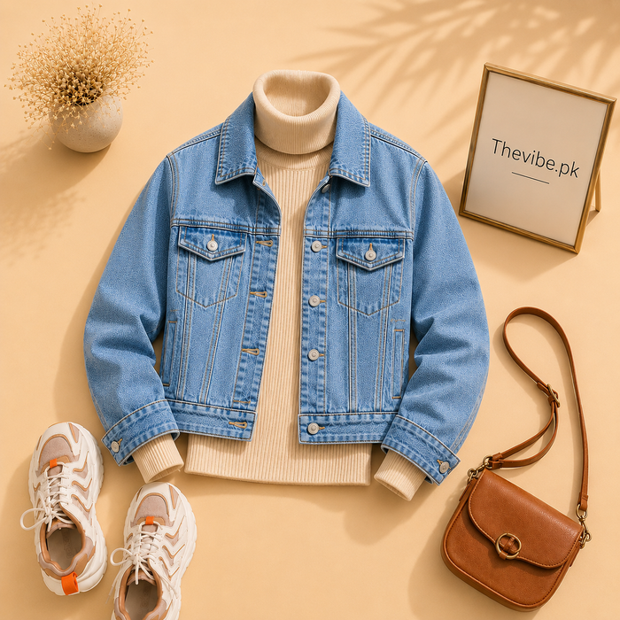 SKY BLUE DENIM JACKET WITH BEIGE TURTLENECK