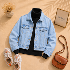 SKY BLUE DENIM JACKET WITH BLACK TURTLENECK