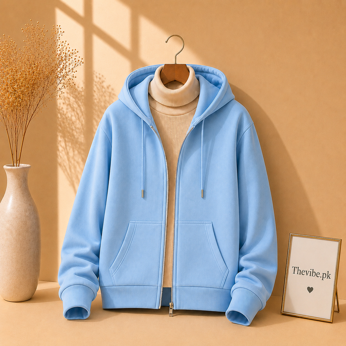SKY BLUE ZIPPER HOODIE WITH BEIGE HIGH NECK