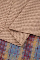Straw Yellow Waffle Stripe Plaid Patchwork Henley Top