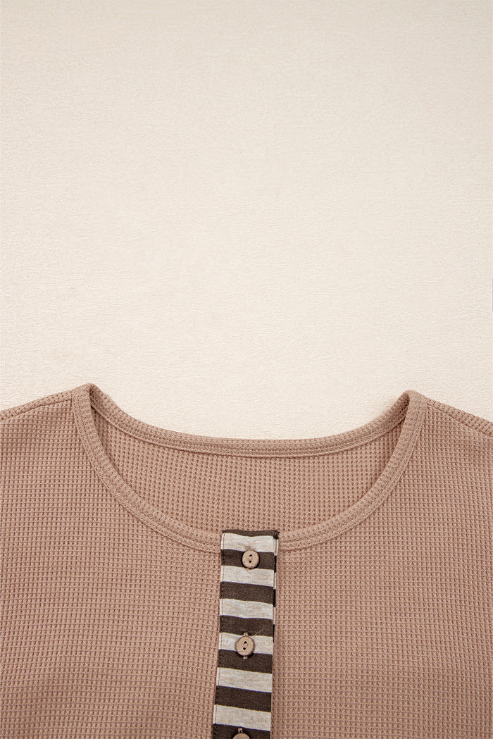 Straw Yellow Waffle Stripe Plaid Patchwork Henley Top