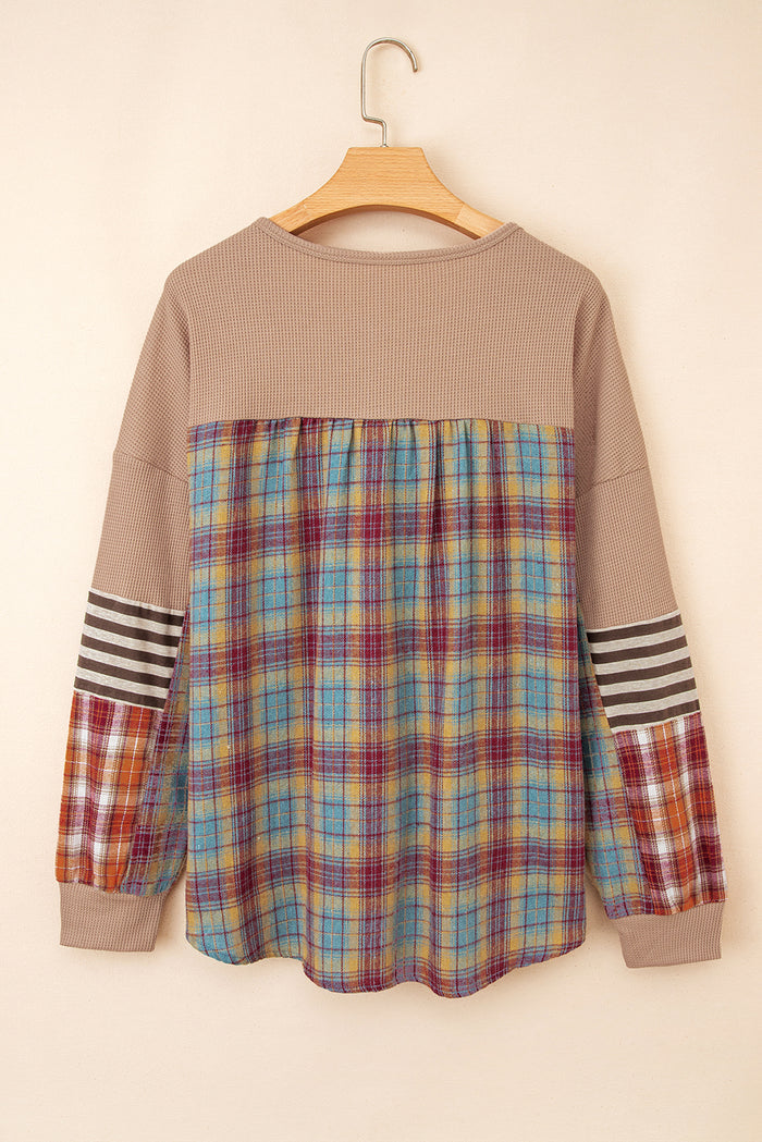 Straw Yellow Waffle Stripe Plaid Patchwork Henley Top