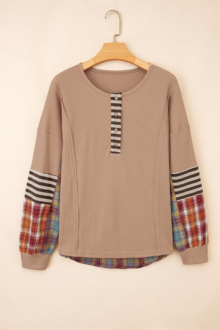 Straw Yellow Waffle Stripe Plaid Patchwork Henley Top