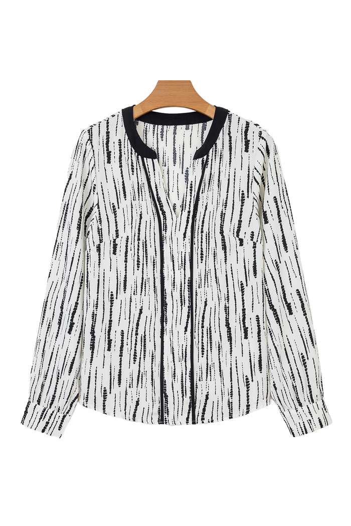 White Abstract Print V-neck Long-sleeve Blouse