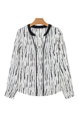 White Abstract Print V-neck Long-sleeve Blouse