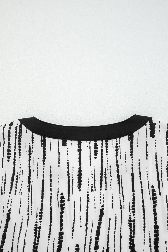 White Abstract Print V-neck Long-sleeve Blouse