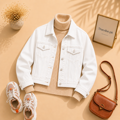 WHITE DENIM JACKET WITH BEIGE TURTLENECK