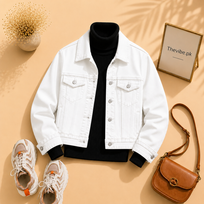 WHITE DENIM JACKET WITH BLACK TURTLENECK