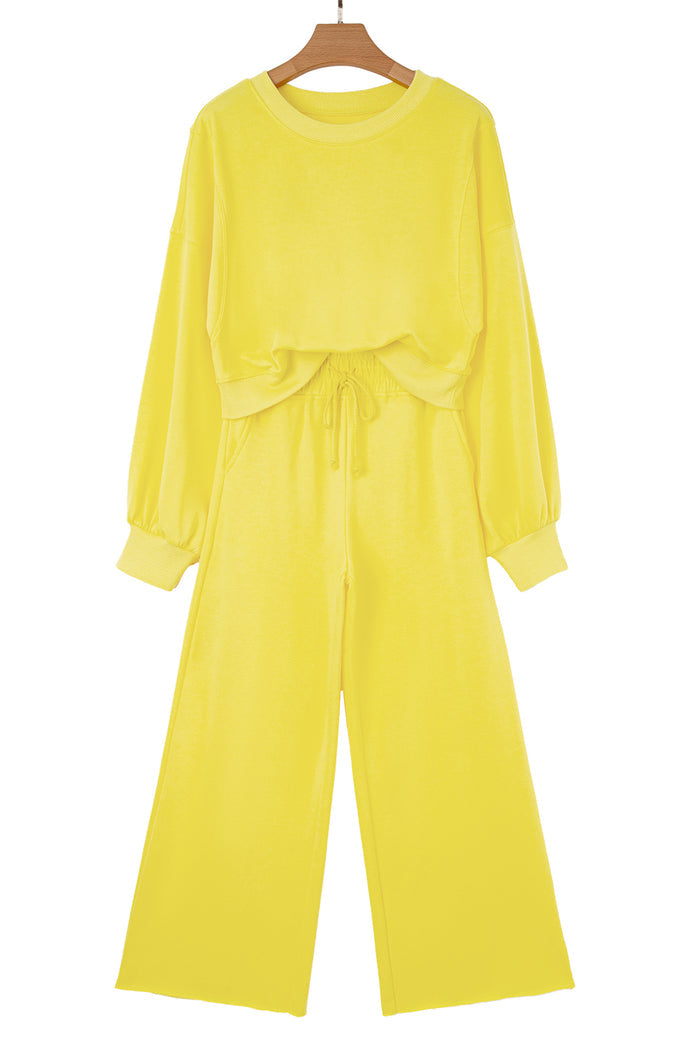 Yellow Cream Drop Shoulder Crop Pullover Drawstring Wide Leg Pants Set