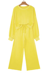 Yellow Cream Drop Shoulder Crop Pullover Drawstring Wide Leg Pants Set