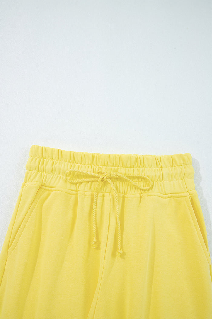 Yellow Cream Drop Shoulder Crop Pullover Drawstring Wide Leg Pants Set