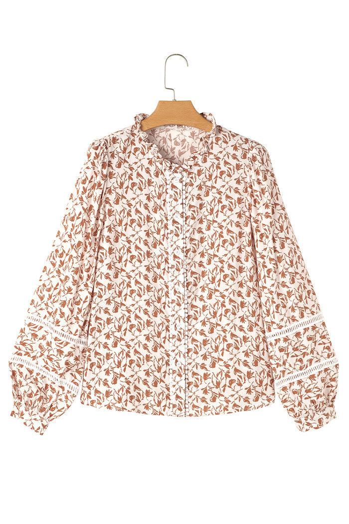 Yellow Printed Floral Print Lace Detail Puff Sleeve Shirt