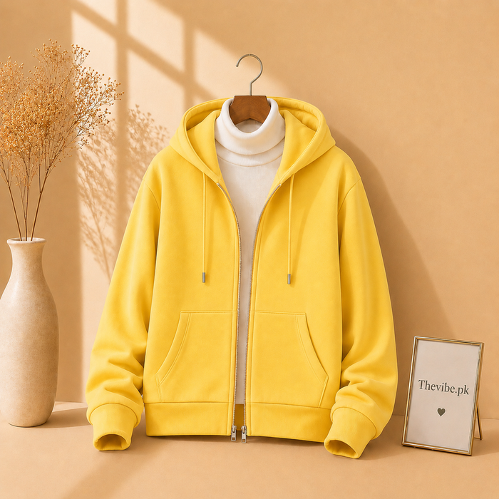 YELLOW ZIPPER HOODIE WITH WHITE HIGH NECK